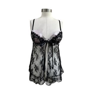 Y2K Lace Sheer Babydoll Slip Dress Grunge Coquette Tie Front Size M